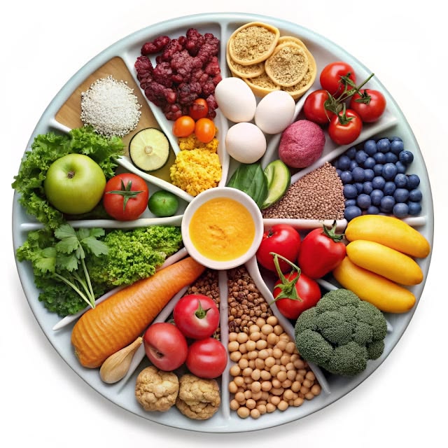 Stylized graphic of varied food elements arranged in a balanced composition